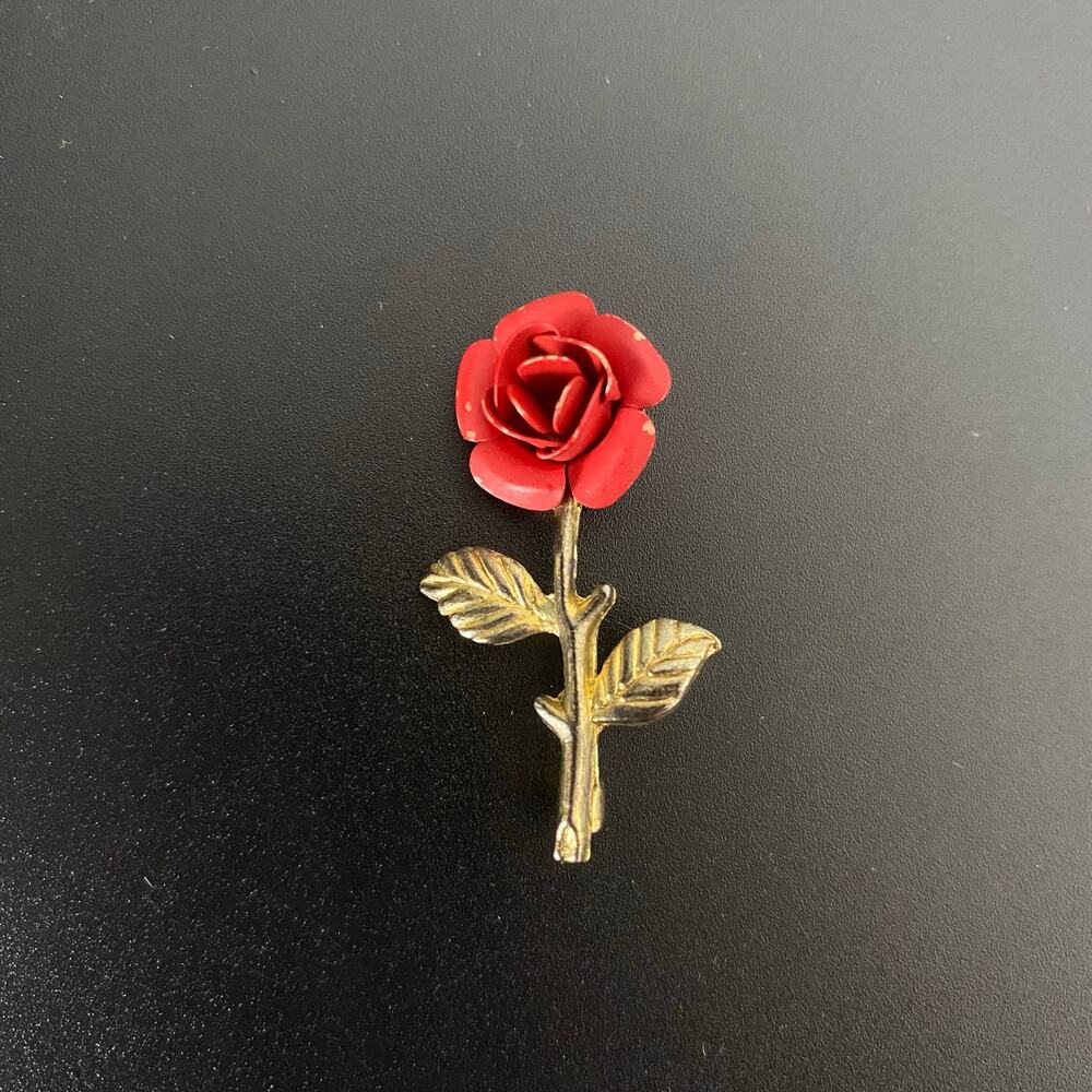 Vintage Red Enamel Rose Brooch Pin Gold Tone 3D Painted Metal Floral Coquette
